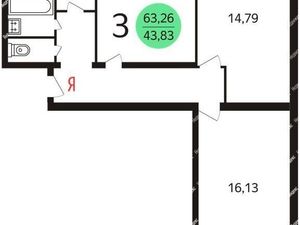 3-комнатная квартира: Москва, улица Миклухо-Маклая, 51к1 (63.26 м²)