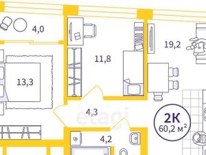 2-к кв. Свердловская область, Екатеринбург ул. Репина, 109 (60.2 м²)