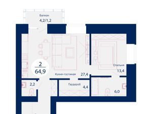 2-к кв. Красноярский край, Красноярск ул. Авиаторов, 4Д (65.1 м²)