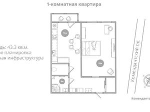 1-комнатная квартира: Санкт-Петербург, Комендантский проспект, 53к3 (43.3 м²)